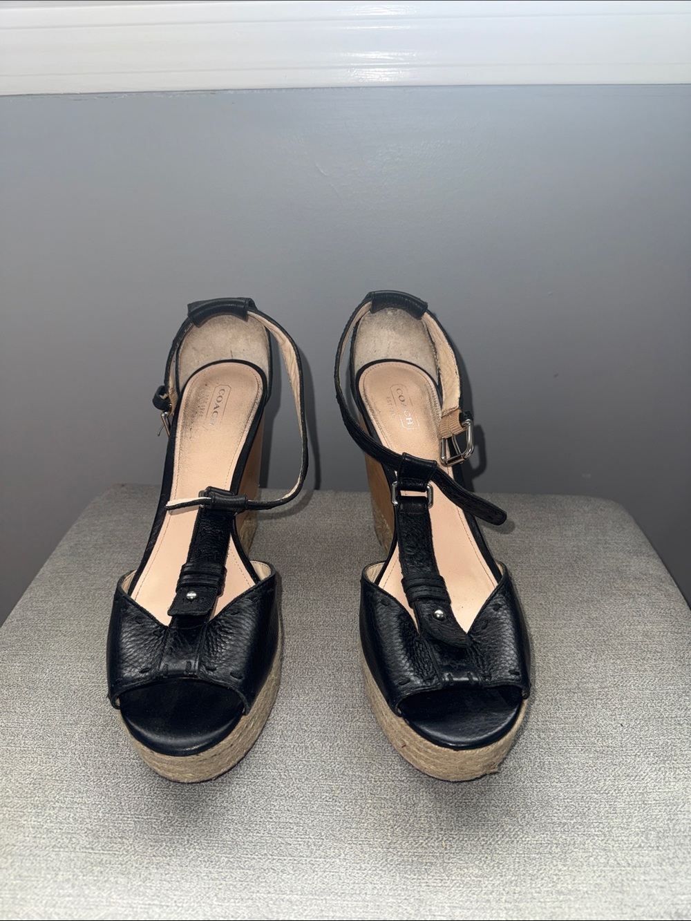 Coach Black Leather T-Strap Platform Wedge Sandals